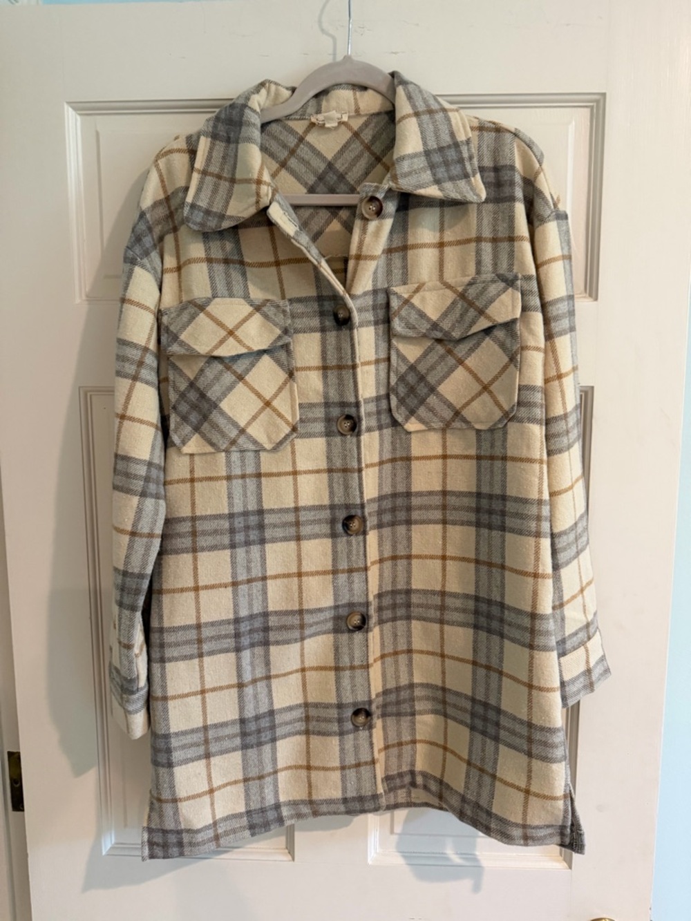 Hem and Thread Plaid Button-Up M Shacket Jacket in Cream and Gray